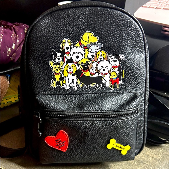 Marc Tetro Black Leather Mini All the Dogs Print Backpack - Picture 1 of 6